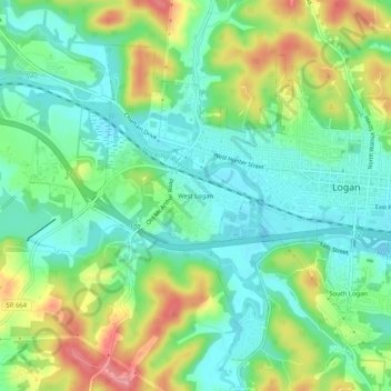 Mappa topografica West Logan, altitudine, rilievo