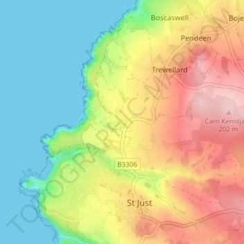 Mappa topografica Botallack, altitudine, rilievo