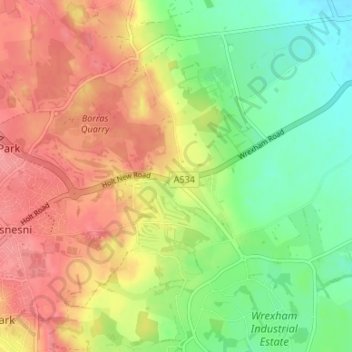 Mappa topografica Llan-y-pwll, altitudine, rilievo