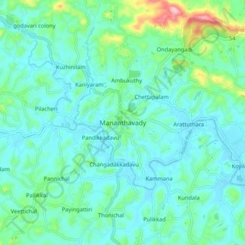 Mappa topografica Mananthavady, altitudine, rilievo