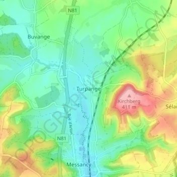 Mappa topografica Turpange, altitudine, rilievo