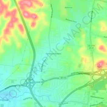 Mappa topografica Parkwood Estates, altitudine, rilievo