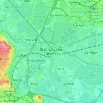 Mappa topografica Staines-upon-Thames, altitudine, rilievo