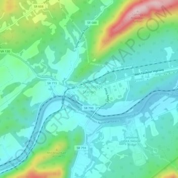 Mappa topografica Natural Bridge Station, altitudine, rilievo