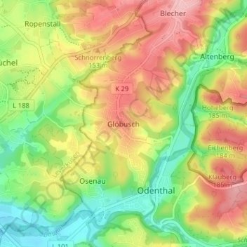Mappa topografica Glöbusch, altitudine, rilievo
