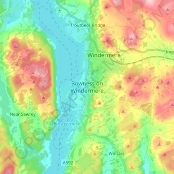 Mappa topografica Bowness-on-Windermere, altitudine, rilievo