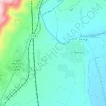Mappa topografica el Fangar, altitudine, rilievo