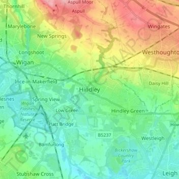 Mappa topografica Hindley, altitudine, rilievo