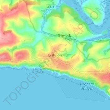 Mappa topografica Crafthole, altitudine, rilievo