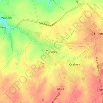 Mappa topografica Thisnes, altitudine, rilievo