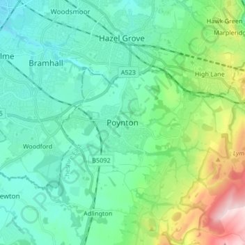 Mappa topografica Poynton, altitudine, rilievo