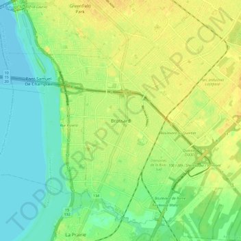 Mappa topografica Brossard, altitudine, rilievo