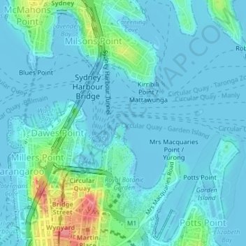 Mappa topografica Bennelong Point, altitudine, rilievo