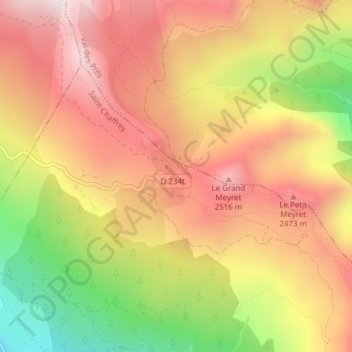 Mappa topografica Saint-Chaffrey, altitudine, rilievo