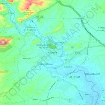 Mappa topografica Archena, altitudine, rilievo