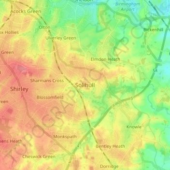 Mappa topografica Solihull, altitudine, rilievo