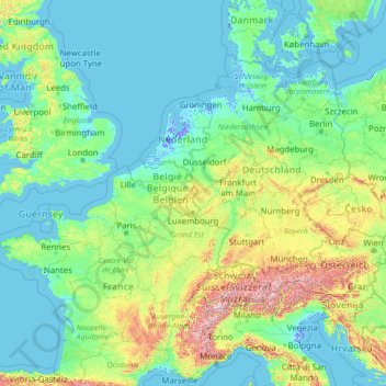 Mappa topografica Luxembourg, altitudine, rilievo