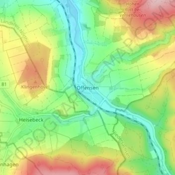 Mappa topografica Offensen, altitudine, rilievo