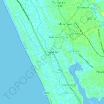 Mappa topografica Chavakkad, altitudine, rilievo