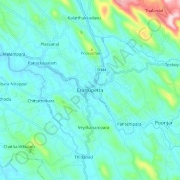 Mappa topografica Erattupetta, altitudine, rilievo