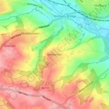 Mappa topografica Netherton, altitudine, rilievo
