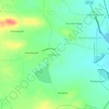 Mappa topografica Adhanur, altitudine, rilievo
