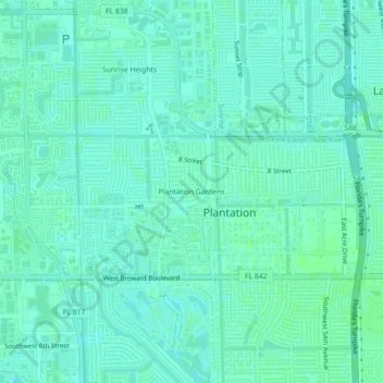 Mappa topografica Plantation Gardens, altitudine, rilievo