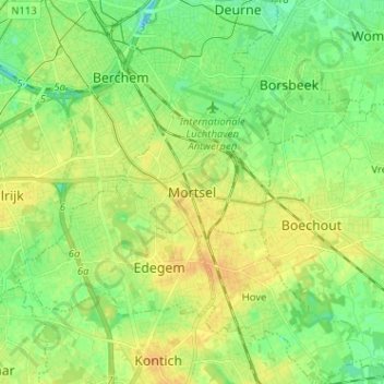 Mappa topografica Mortsel, altitudine, rilievo