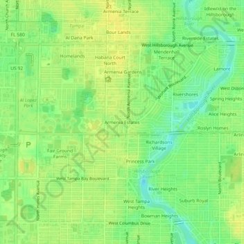 Mappa topografica Armenia Estates, altitudine, rilievo