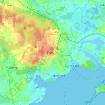 Mappa topografica Putbus, altitudine, rilievo