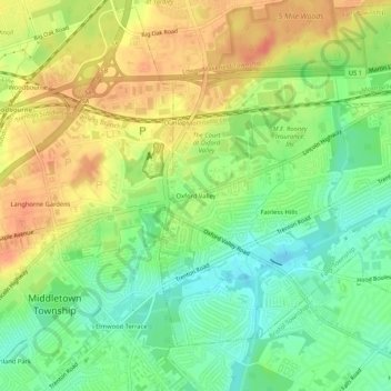Mappa topografica Oxford Valley, altitudine, rilievo