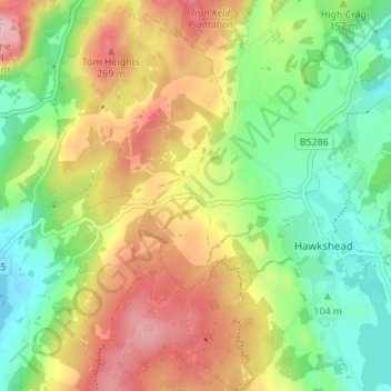 Mappa topografica Hawkshead Hill, altitudine, rilievo