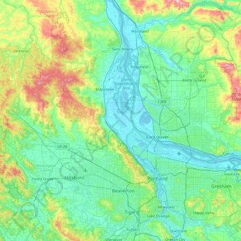 Mappa topografica Sauvie Island, altitudine, rilievo