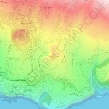 Mappa topografica Piton Rosile, altitudine, rilievo