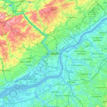 Mappa topografica Philadelphia, altitudine, rilievo
