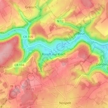 Mappa topografica Roodt-sur-Eisch, altitudine, rilievo