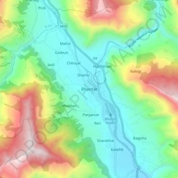 Mappa topografica Bhuntar, altitudine, rilievo