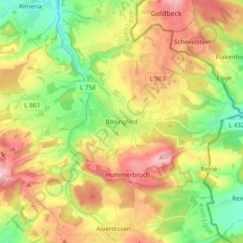 Mappa topografica Bösingfeld, altitudine, rilievo