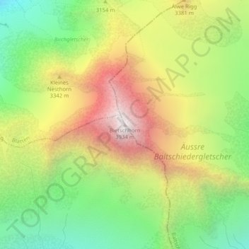Mappa topografica Bietschhorn, altitudine, rilievo