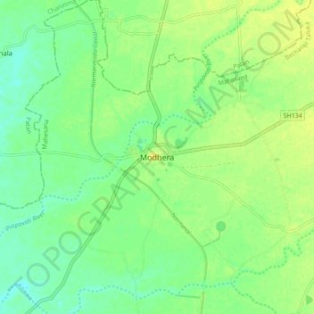 Mappa topografica Modhera, altitudine, rilievo