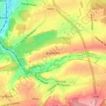 Mappa topografica Aisemont, altitudine, rilievo