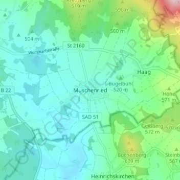 Mappa topografica Muschenried, altitudine, rilievo