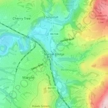 Mappa topografica Marple Bridge, altitudine, rilievo