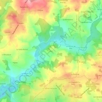 Mappa topografica Bret, altitudine, rilievo