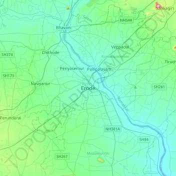 Mappa topografica Erode, altitudine, rilievo