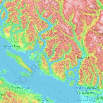Mappa topografica Sunshine Coast, altitudine, rilievo
