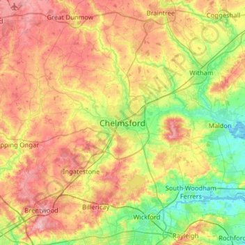 Mappa topografica Chelmsford, altitudine, rilievo