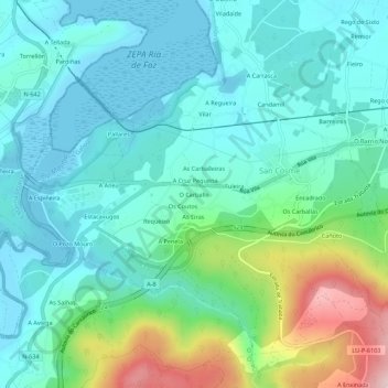 Mappa topografica O Carballo, altitudine, rilievo
