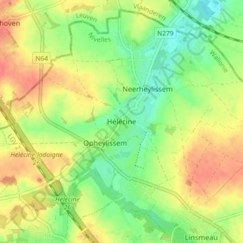 Mappa topografica Hélécine, altitudine, rilievo