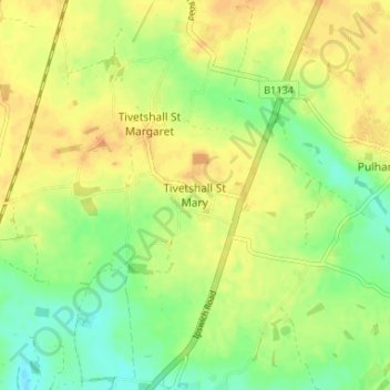 Mappa topografica Tivetshall St Mary, altitudine, rilievo